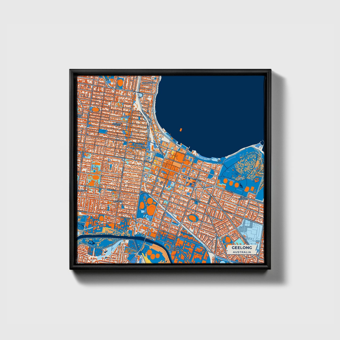 Geelong Australia Colorful City Map Canvas Print • Black Framed