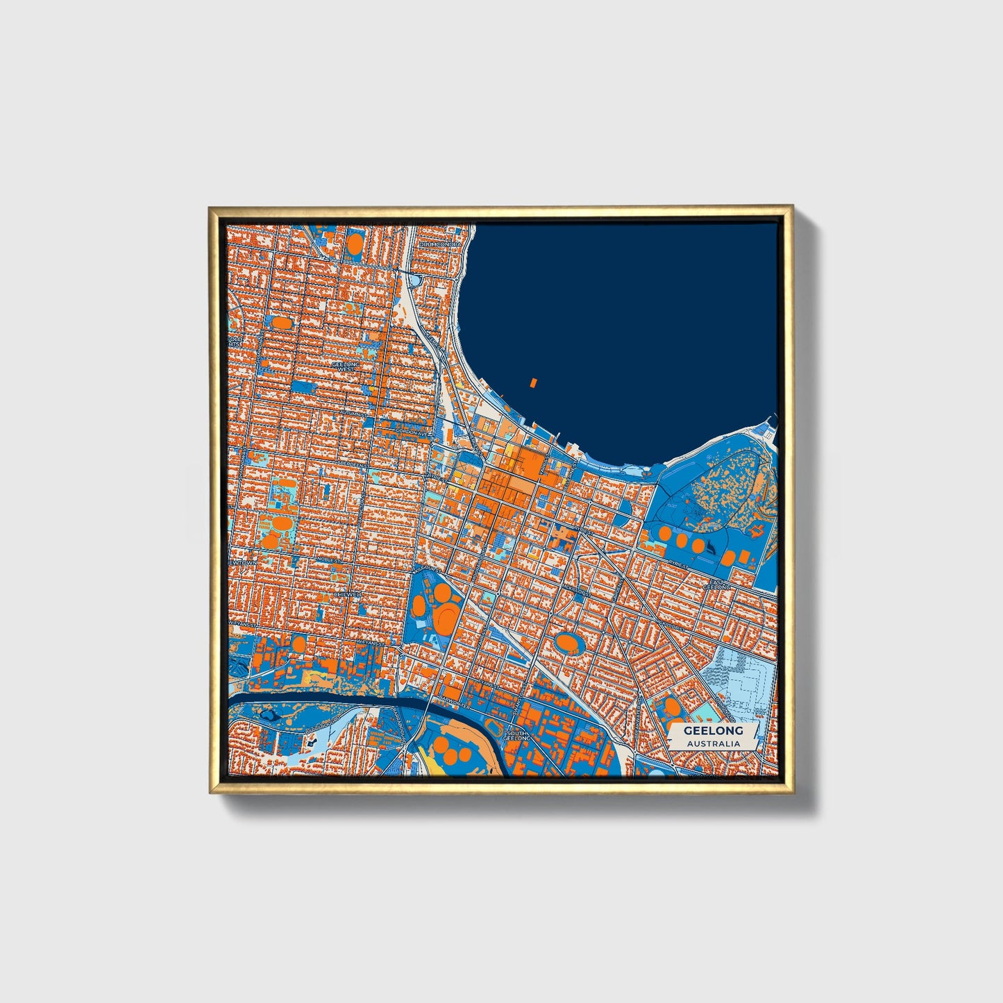 Geelong Australia Colorful City Map Canvas Print • Gold Framed