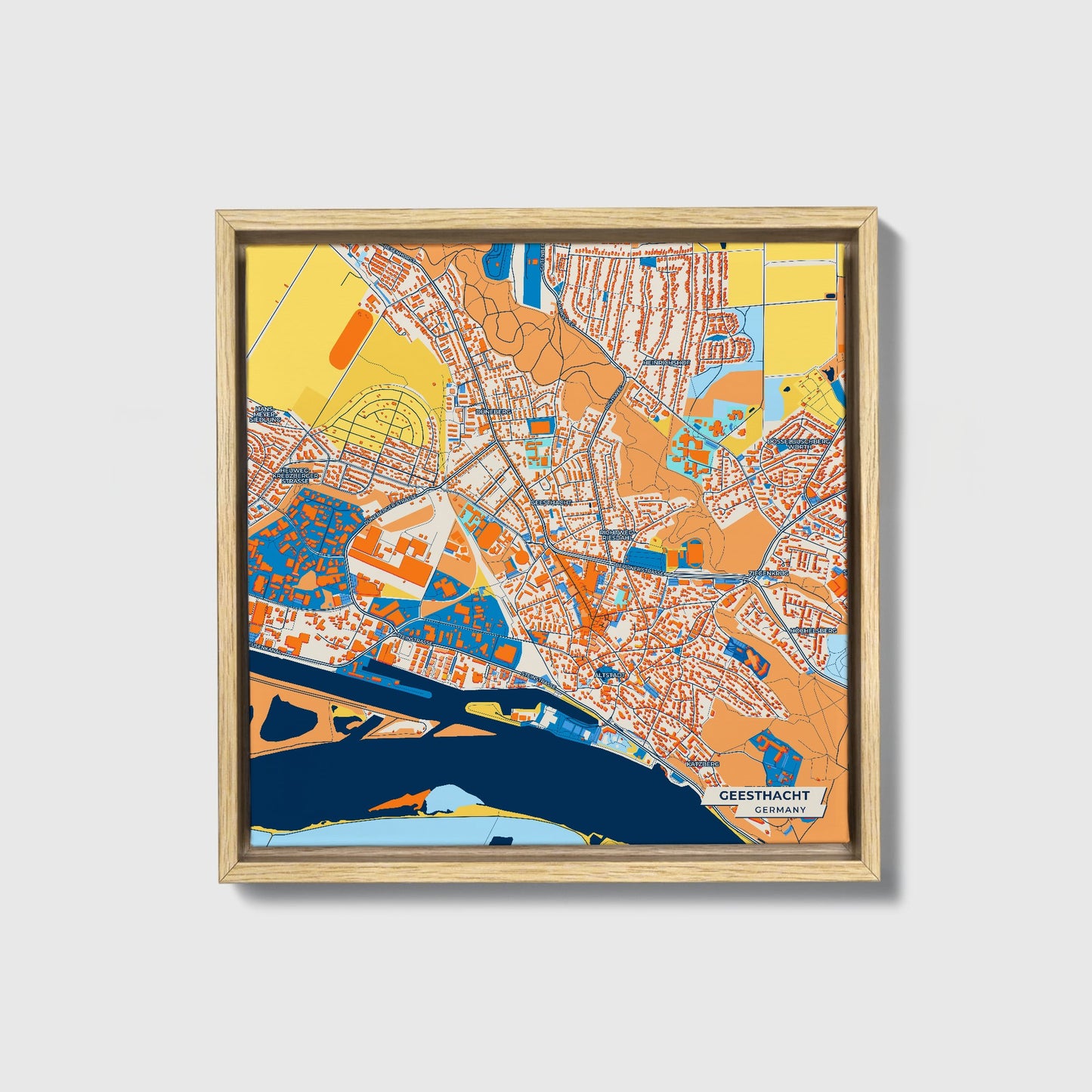 Geesthacht Germany Colorful City Map Canvas Print • Natural Wooden Framed