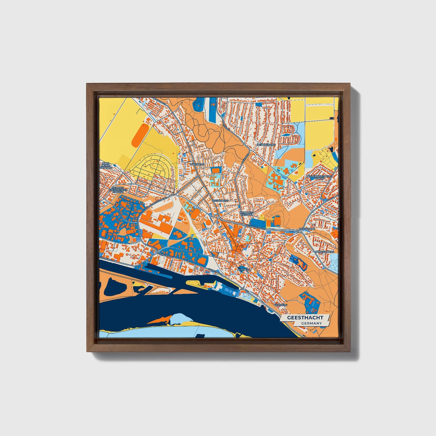 Geesthacht Germany Colorful City Map Canvas Print • Dark Wooden Framed