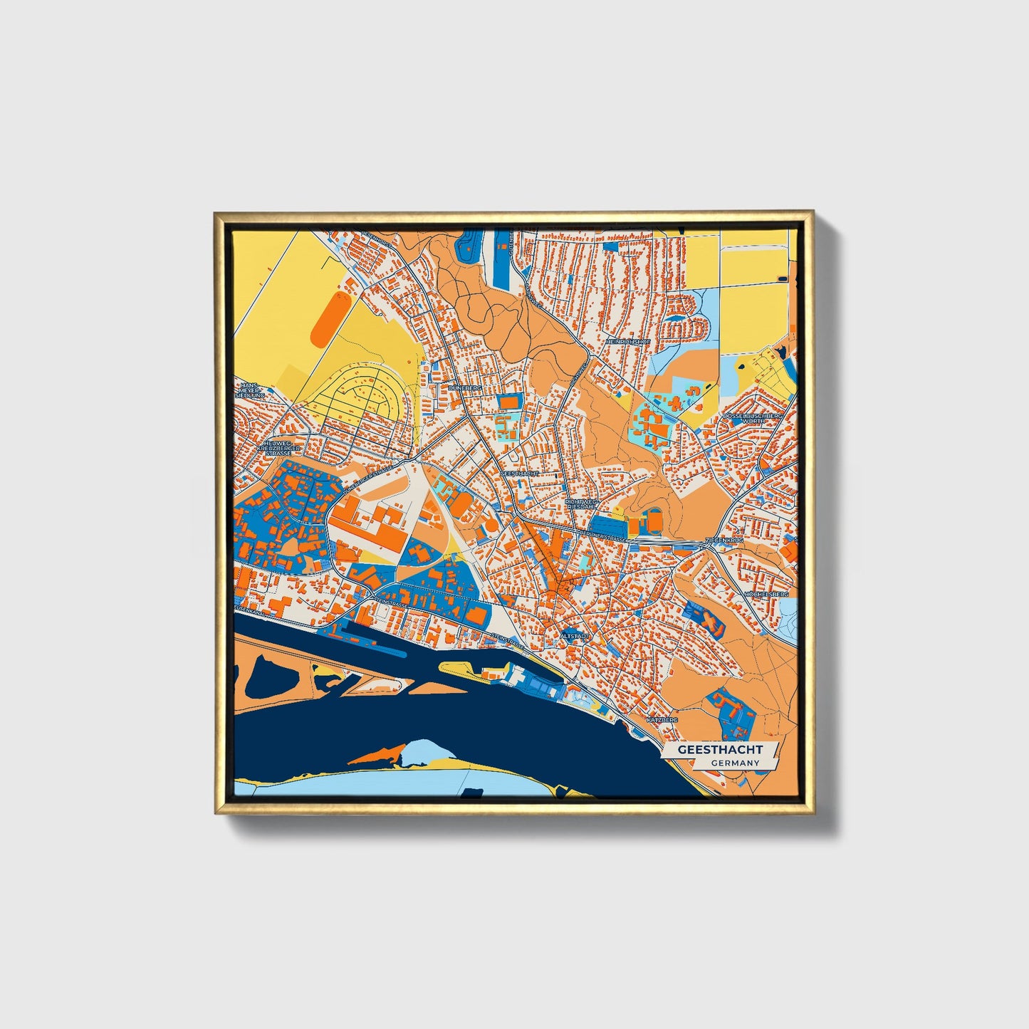 Geesthacht Germany Colorful City Map Canvas Print • Gold Framed