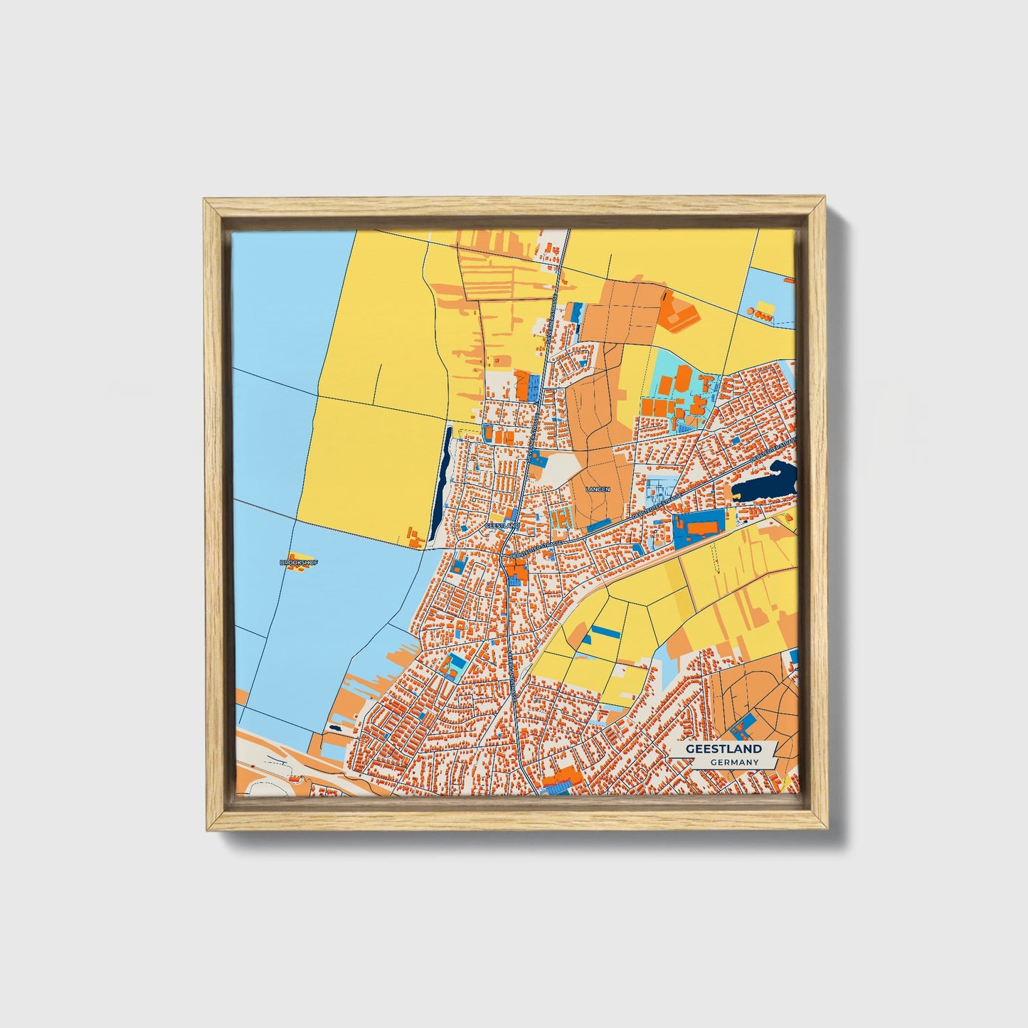 Geestland Germany Colorful City Map Canvas Print • Natural Wooden Framed