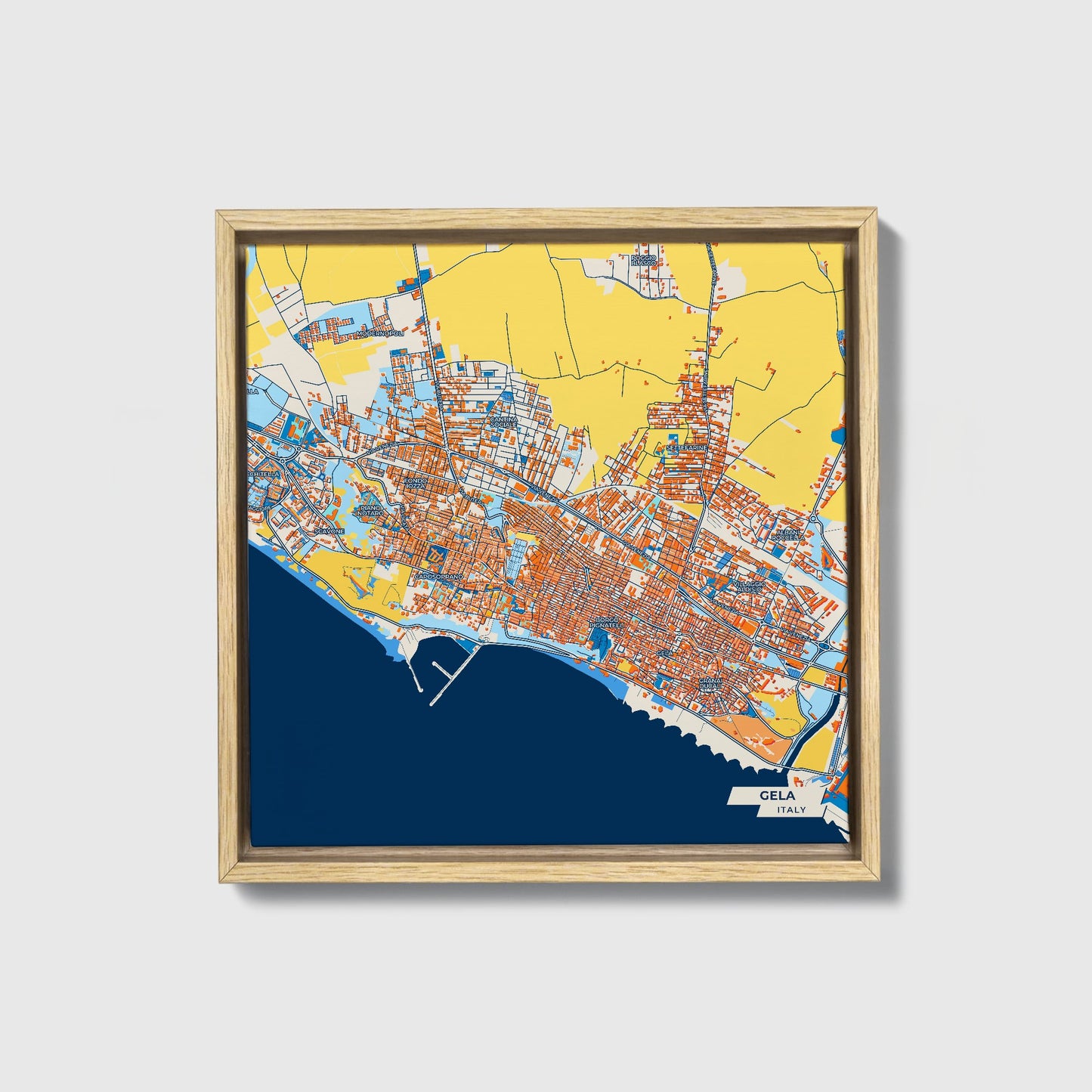 Gela Italy Colorful City Map Canvas Print • Natural Wooden Framed