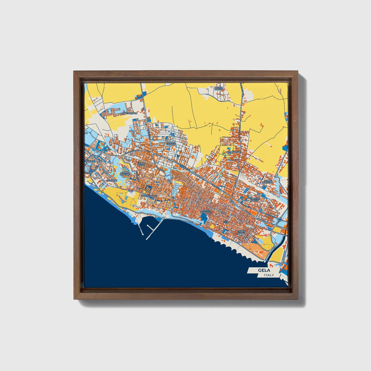 Gela Italy Colorful City Map Canvas Print • Dark Wooden Framed