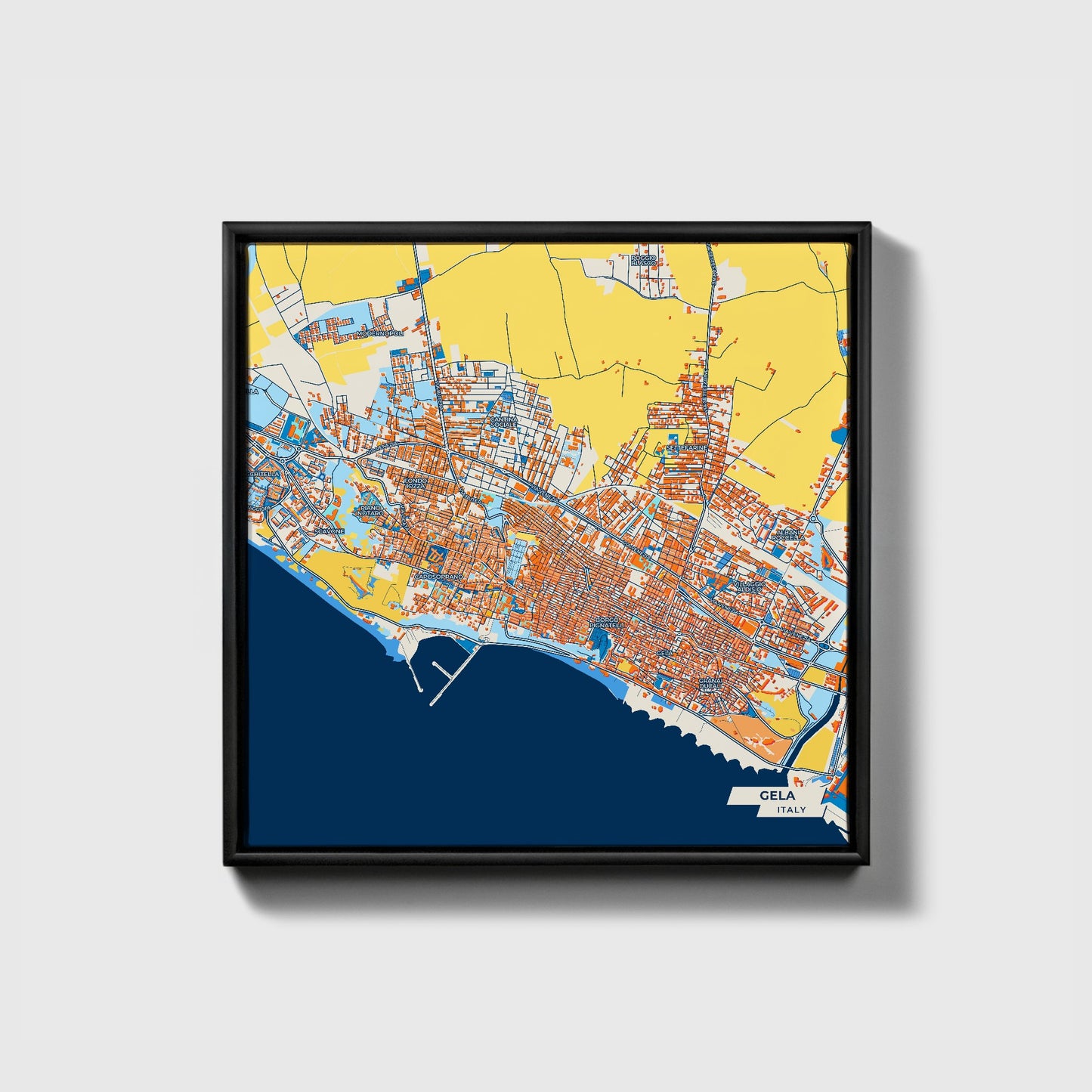 Gela Italy Colorful City Map Canvas Print • Black Framed