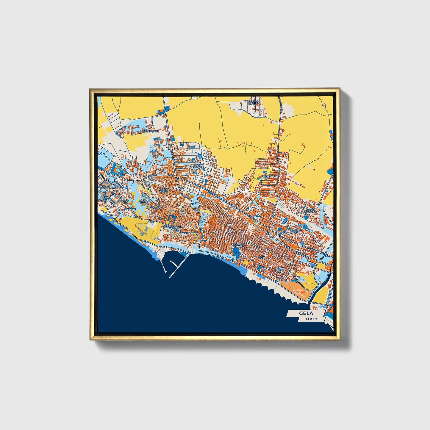 Gela Italy Colorful City Map Canvas Print • Gold Framed