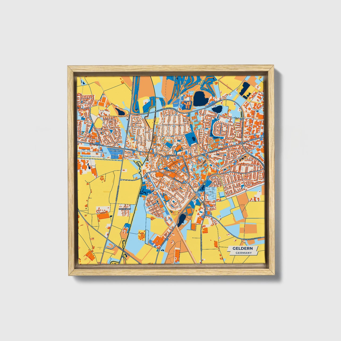 Geldern Germany Colorful City Map Canvas Print • Natural Wooden Framed
