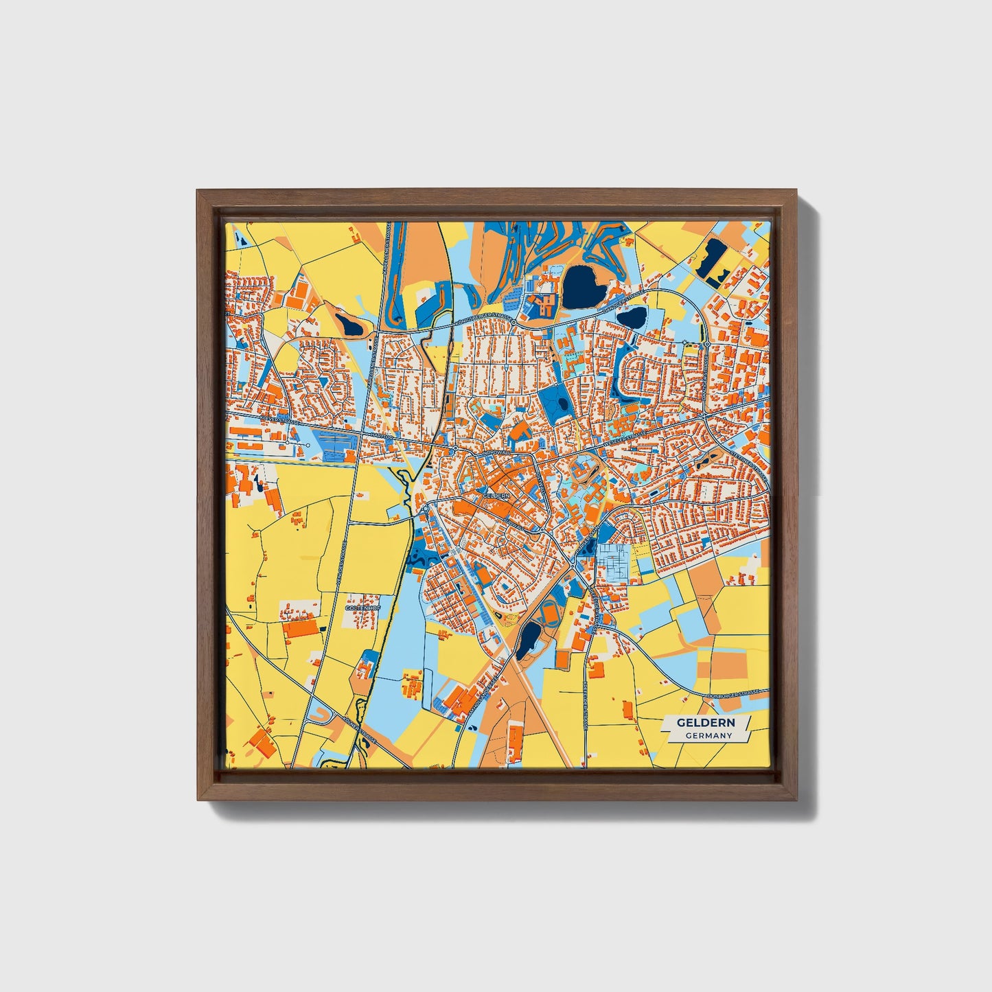 Geldern Germany Colorful City Map Canvas Print • Dark Wooden Framed