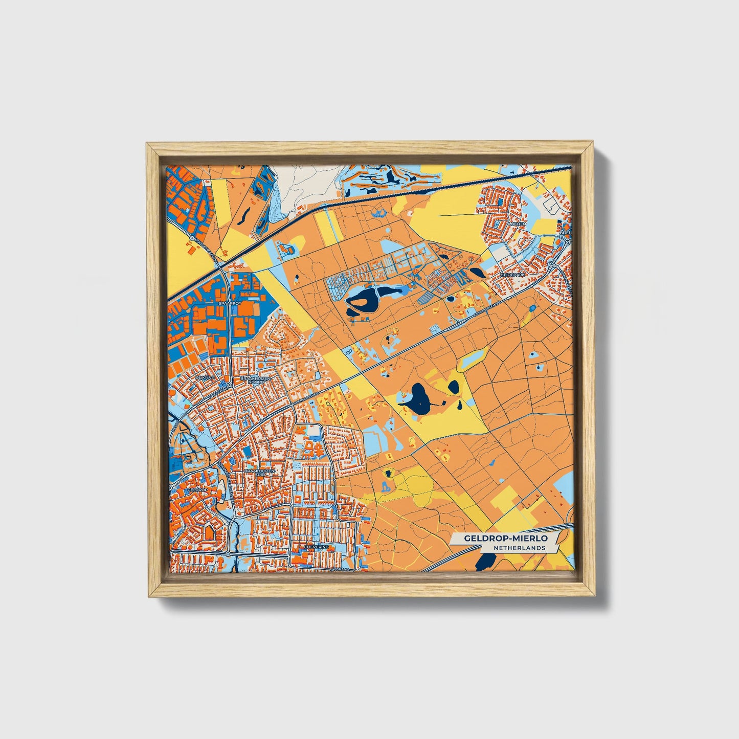 Geldrop-Mierlo Netherlands Colorful City Map Canvas Print • Natural Wooden Framed
