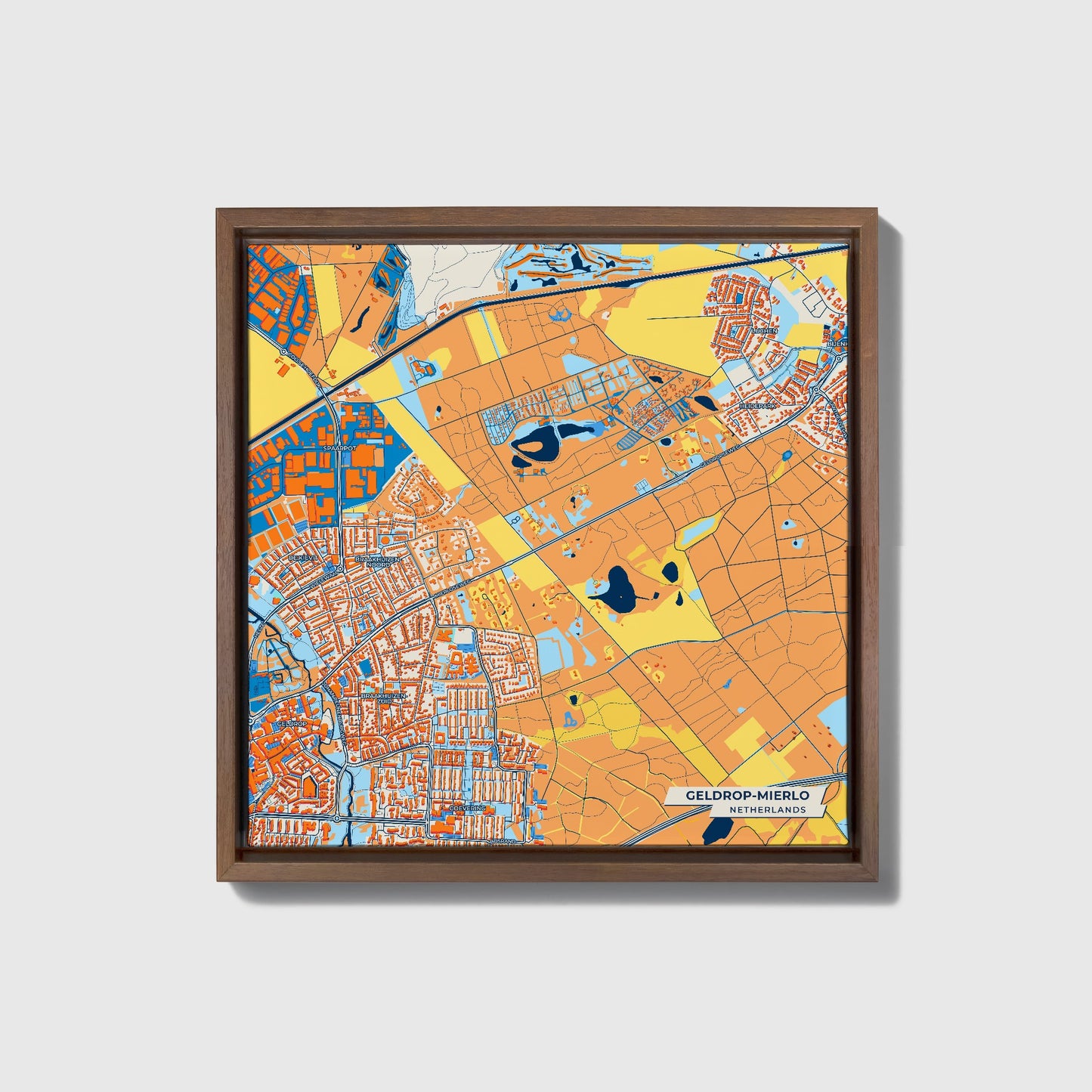 Geldrop-Mierlo Netherlands Colorful City Map Canvas Print • Dark Wooden Framed