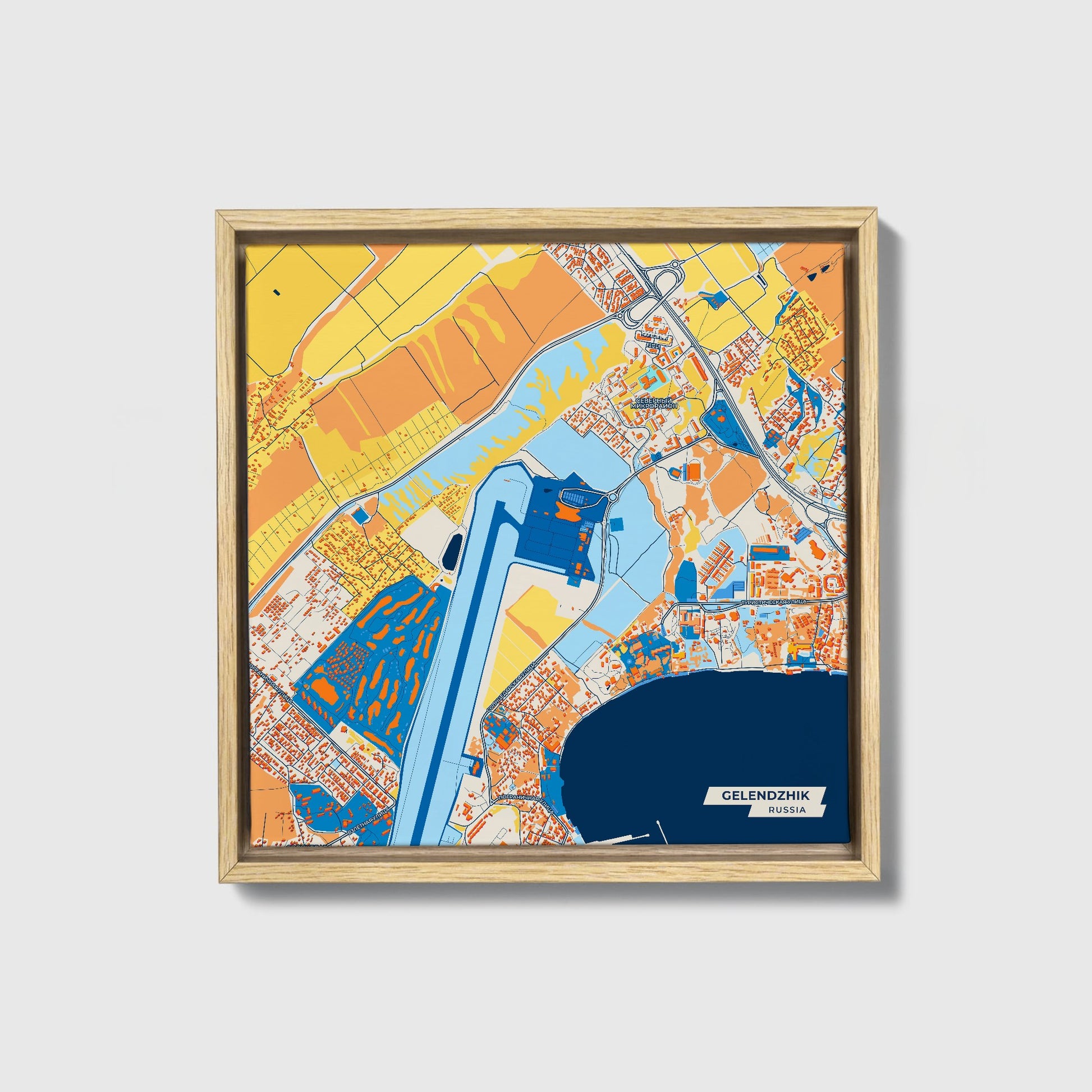 Gelendzhik Russia Colorful City Map Canvas Print • Natural Wooden Framed