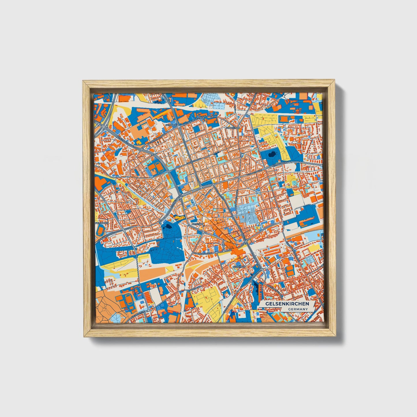 Gelsenkirchen Germany Colorful City Map Canvas Print • Natural Wooden Framed
