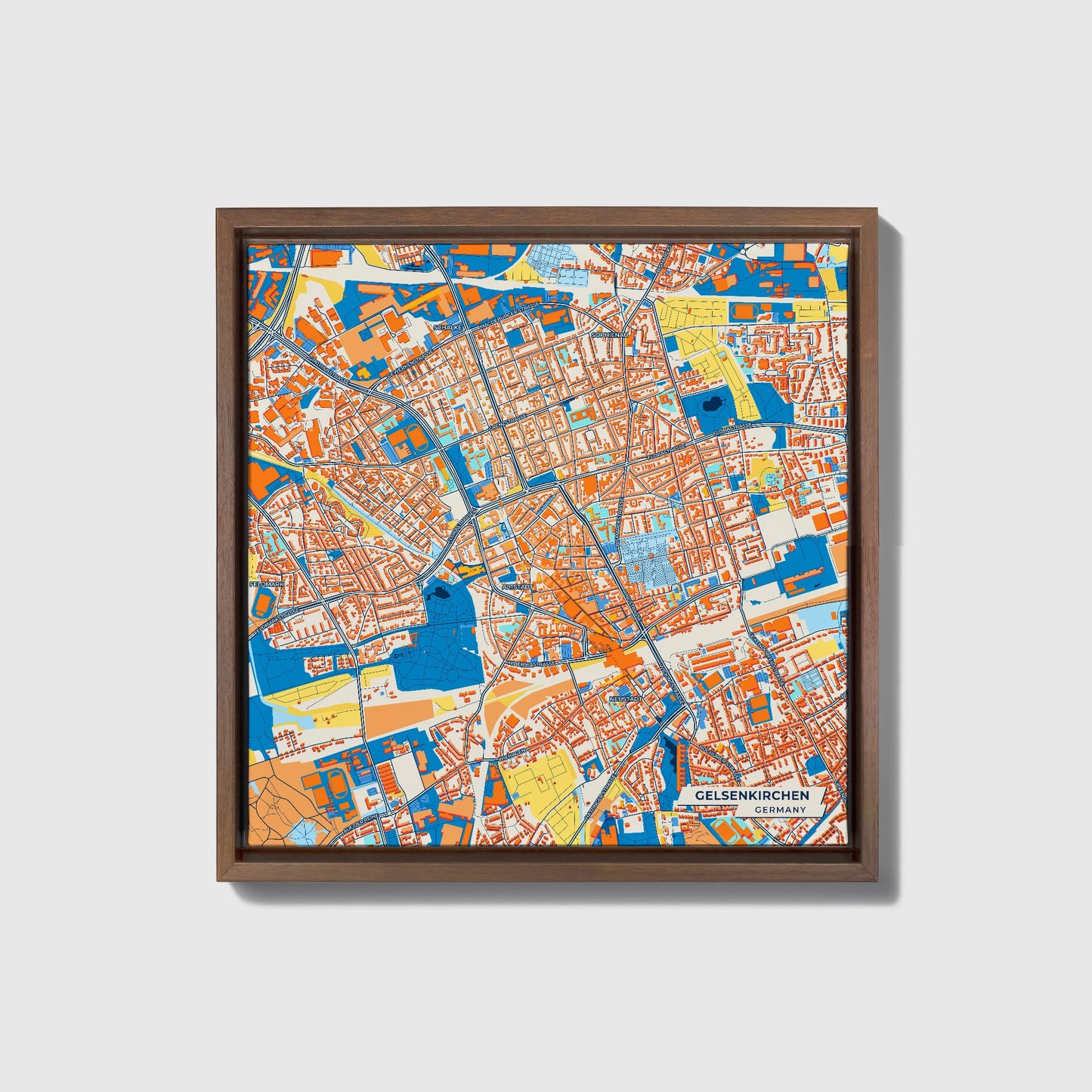 Gelsenkirchen Germany Colorful City Map Canvas Print • Dark Wooden Framed