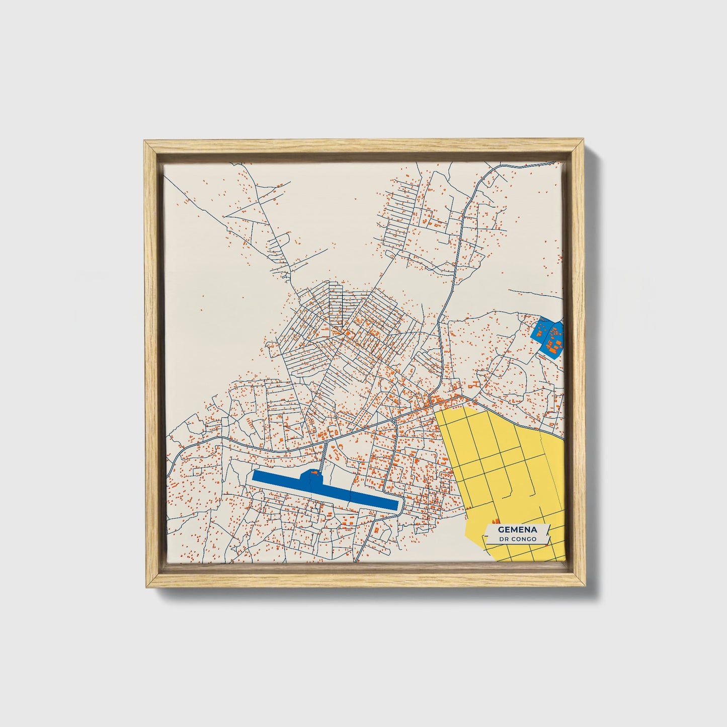 Gemena Dr Congo Colorful City Map Canvas Print • Natural Wooden Framed