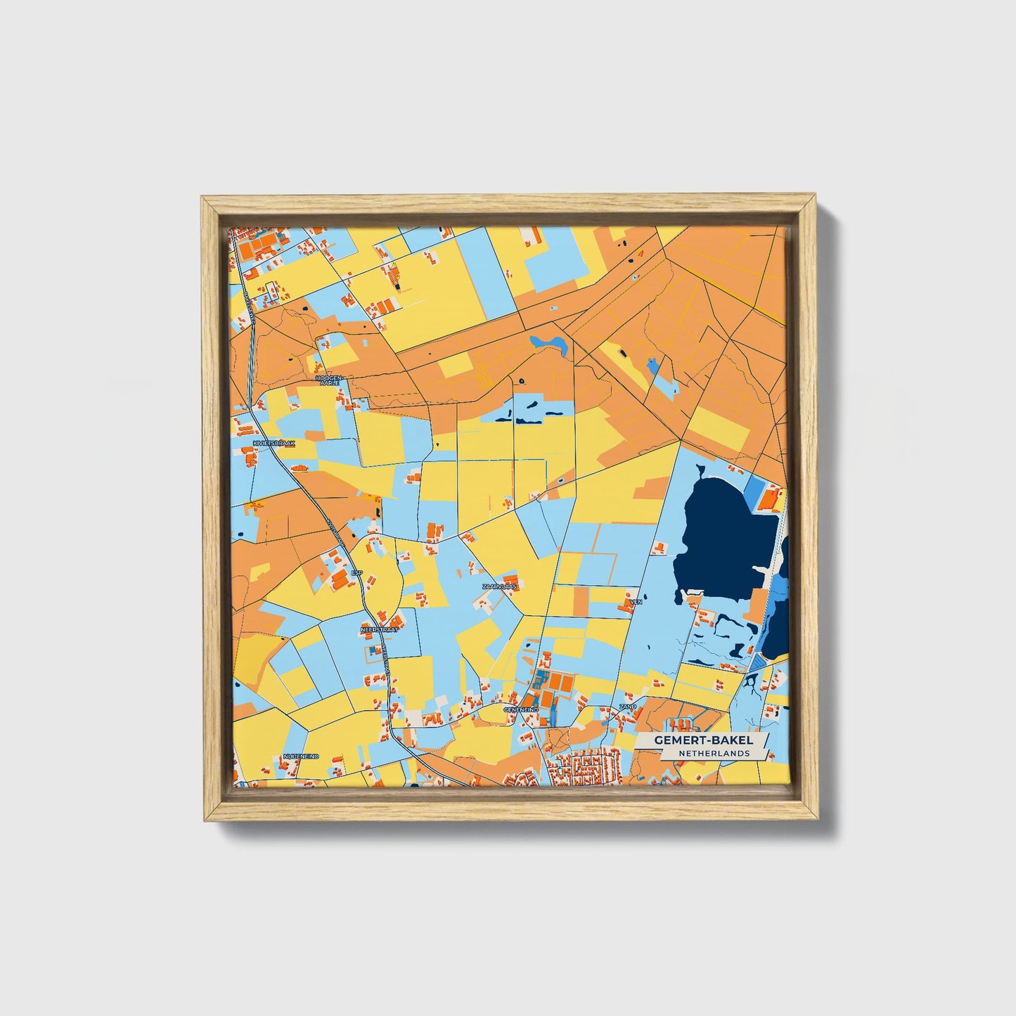 Gemert-Bakel Netherlands Colorful City Map Canvas Print • Natural Wooden Framed