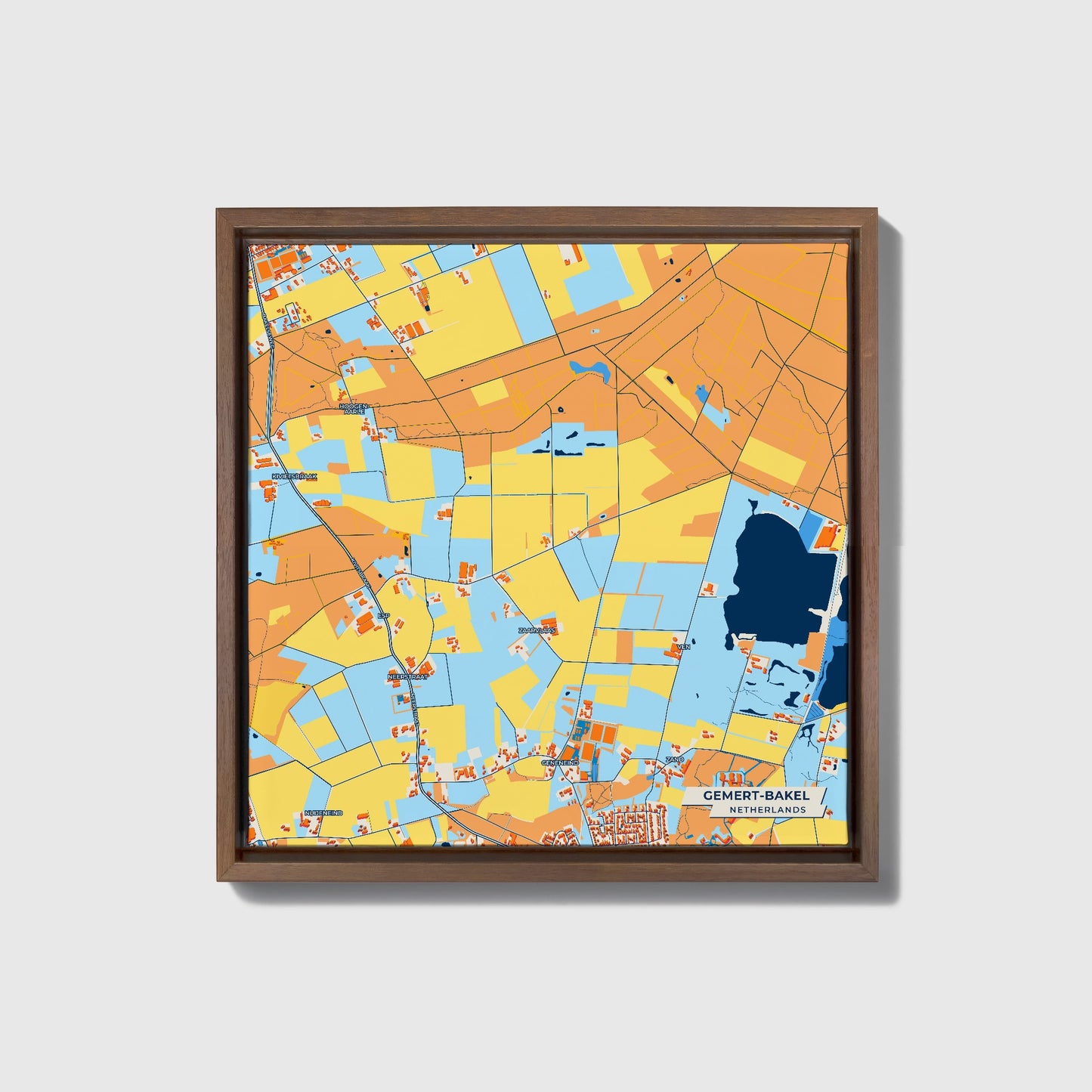 Gemert-Bakel Netherlands Colorful City Map Canvas Print • Dark Wooden Framed