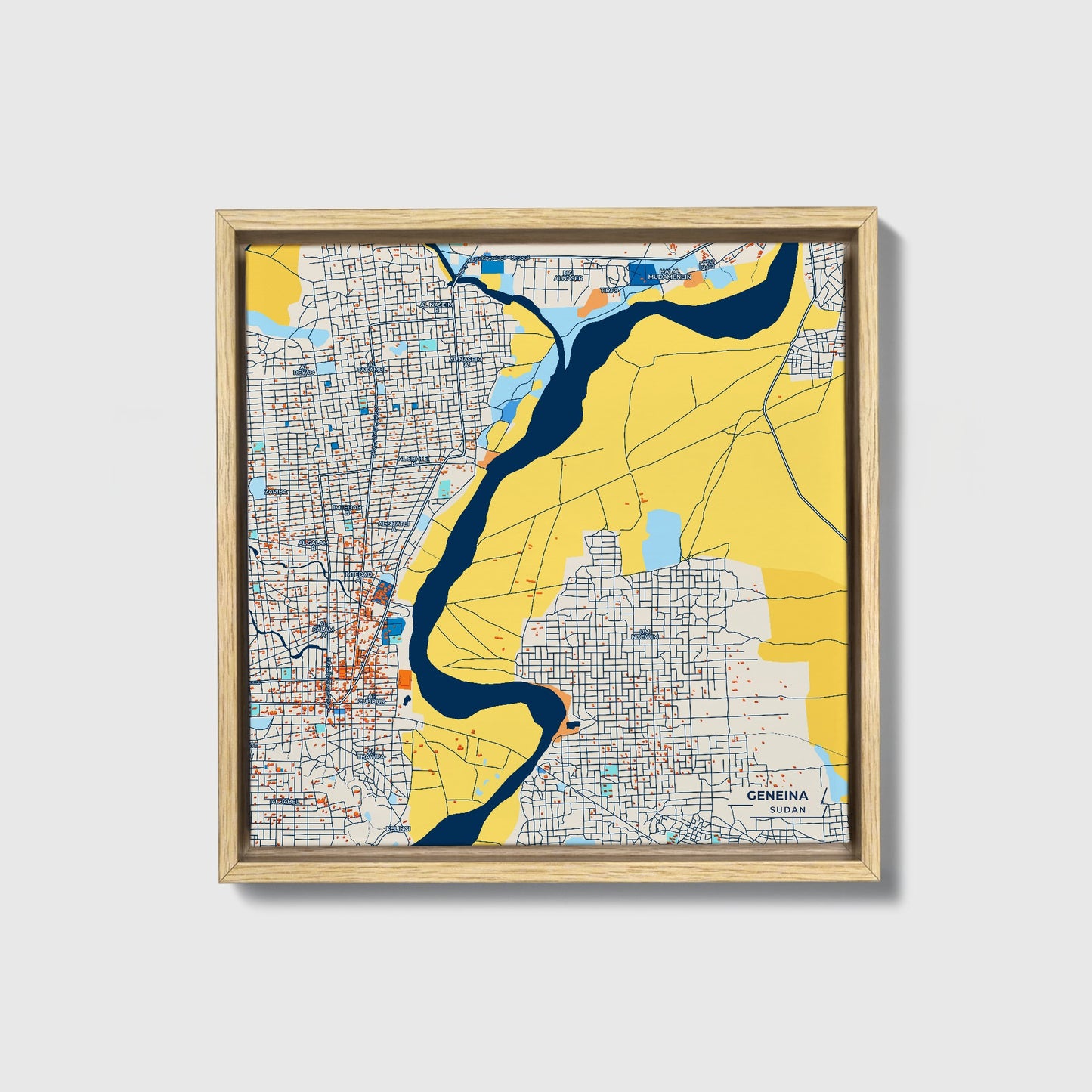 Geneina Sudan Colorful City Map Canvas Print • Natural Wooden Framed