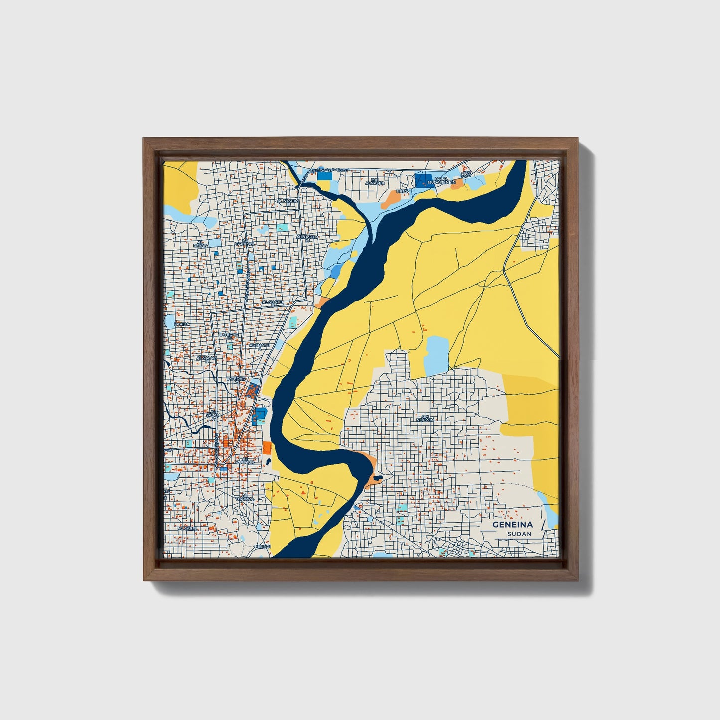 Geneina Sudan Colorful City Map Canvas Print • Dark Wooden Framed
