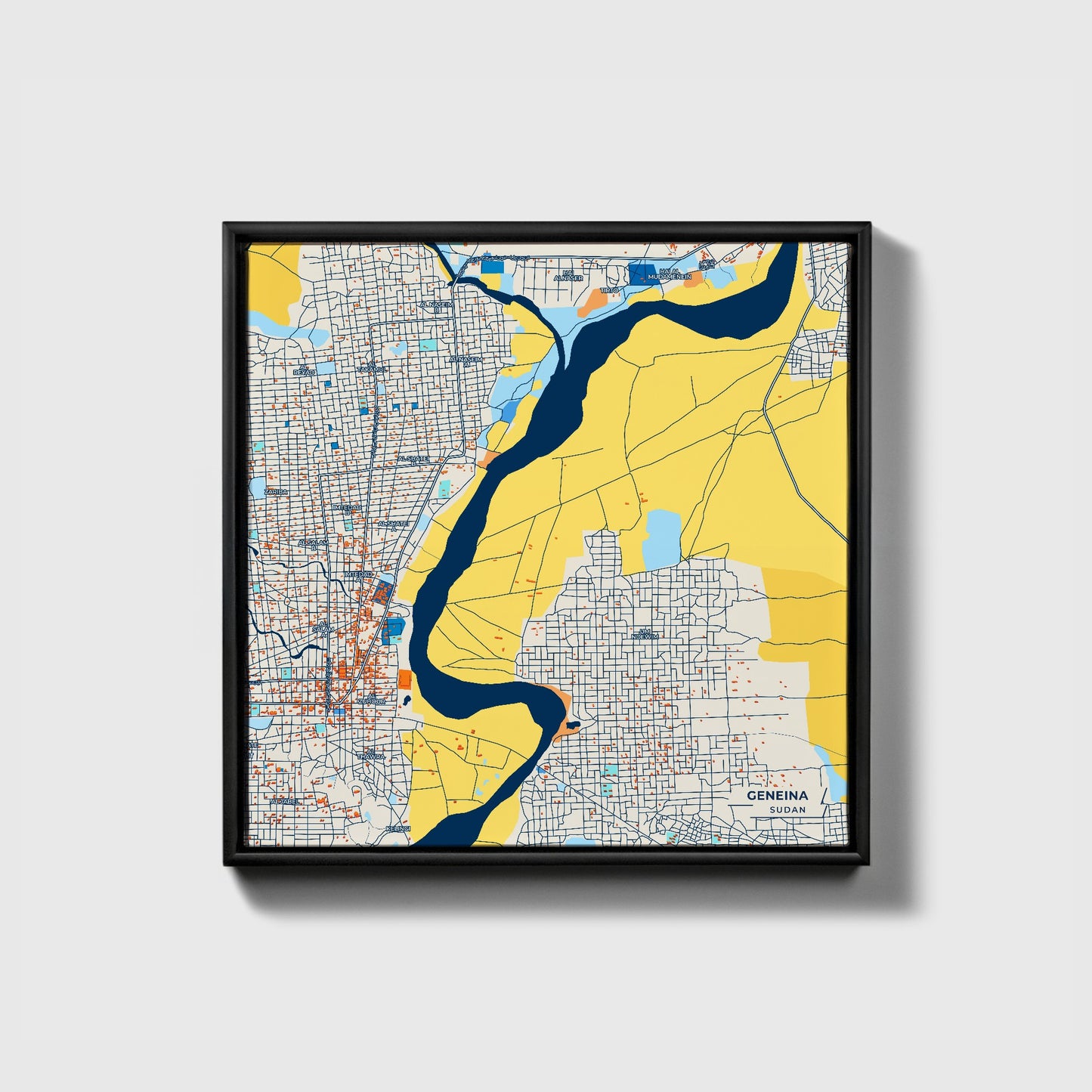Geneina Sudan Colorful City Map Canvas Print • Black Framed
