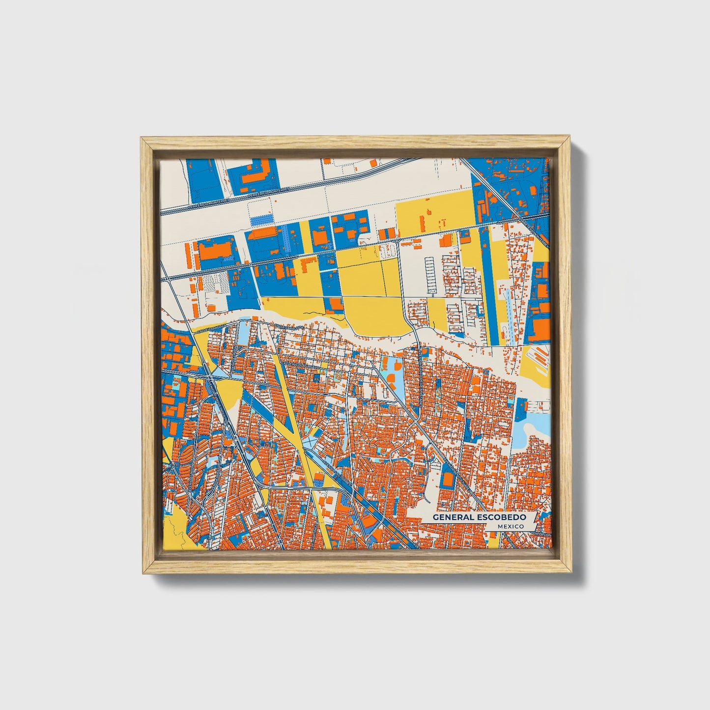 General Escobedo Mexico Colorful City Map Canvas Print • Natural Wooden Framed