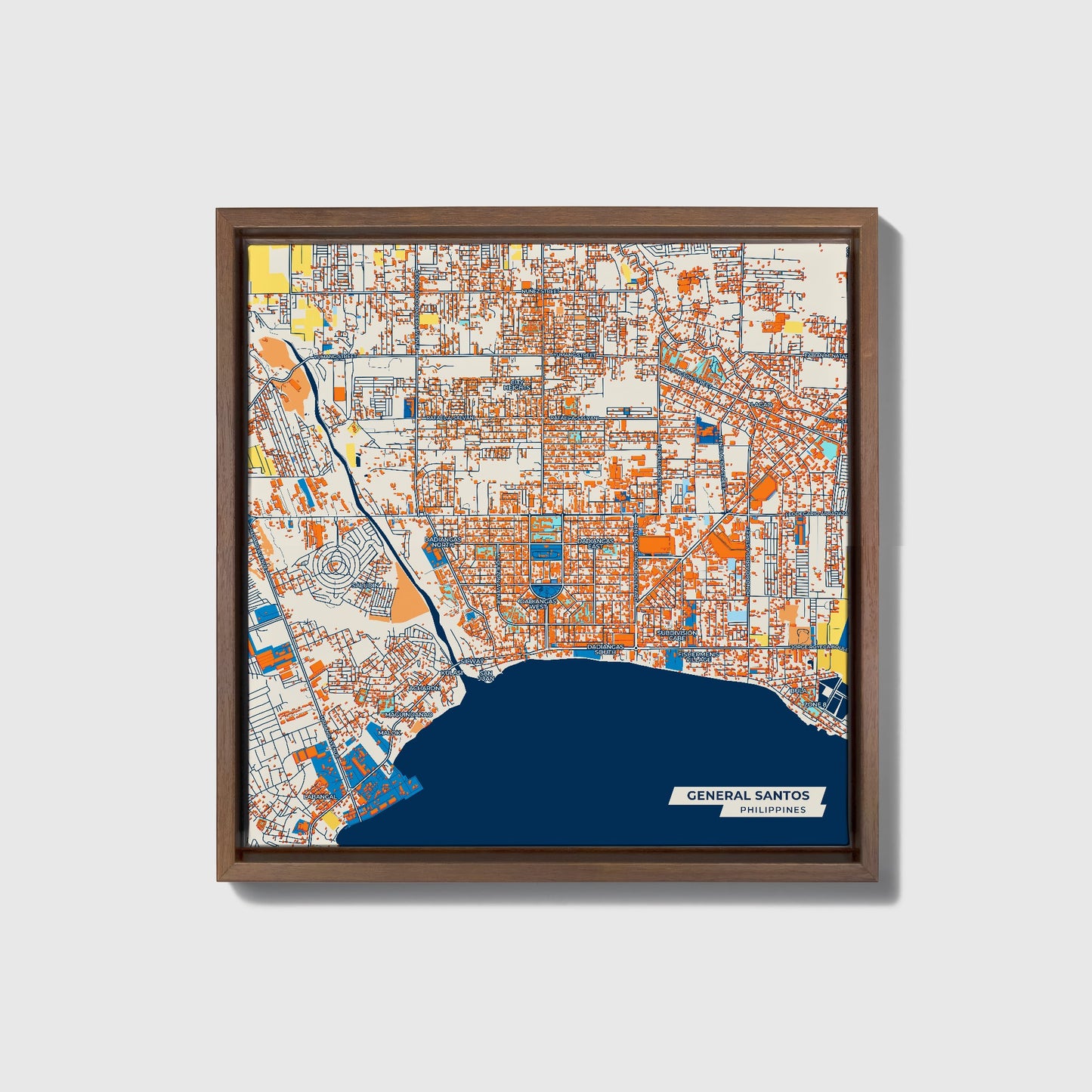 General Santos Philippines Colorful City Map Canvas Print • Dark Wooden Framed