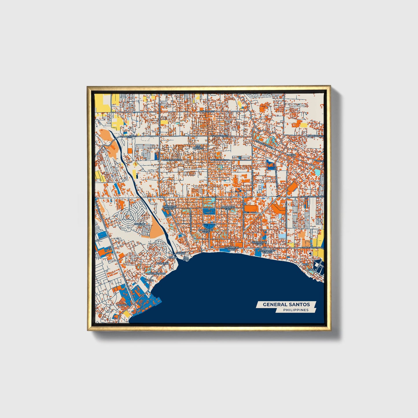 General Santos Philippines Colorful City Map Canvas Print • Gold Framed