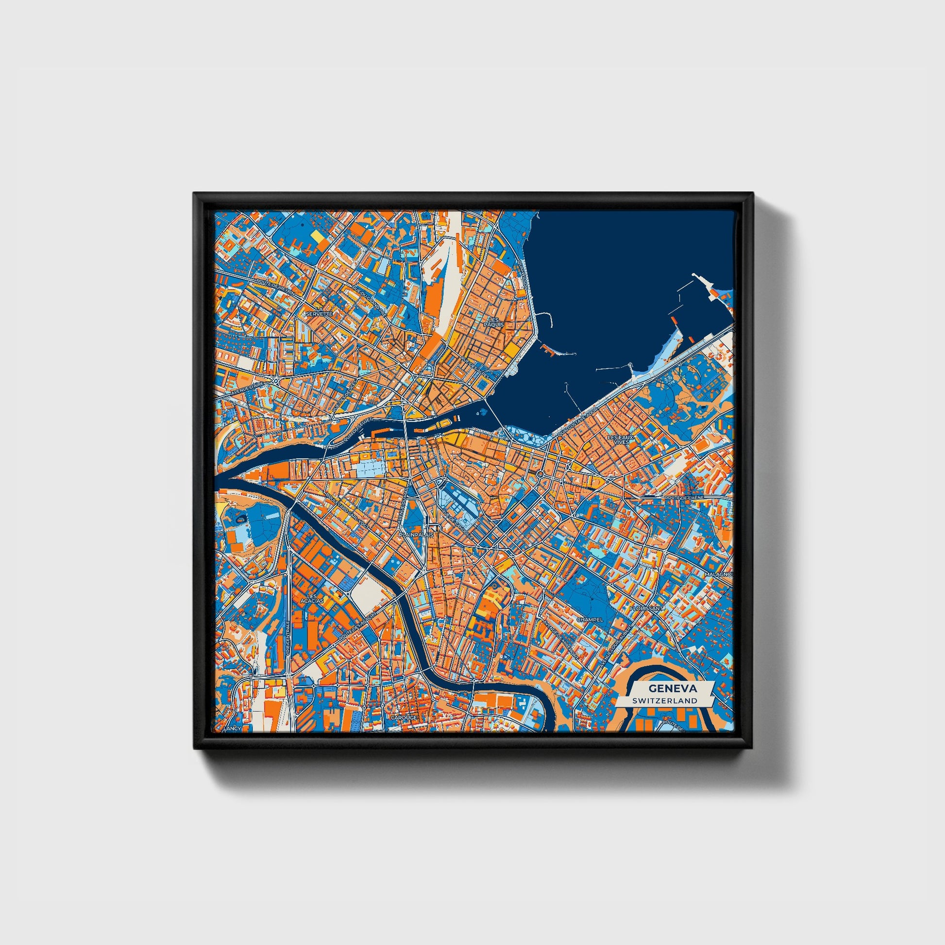 Genf Switzerland Colorful City Map Canvas Print • Black Framed
