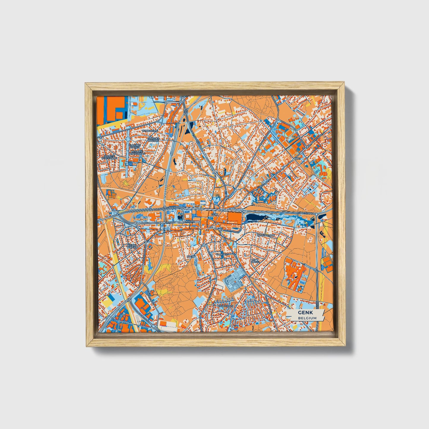 Genk Belgium Colorful City Map Canvas Print • Natural Wooden Framed