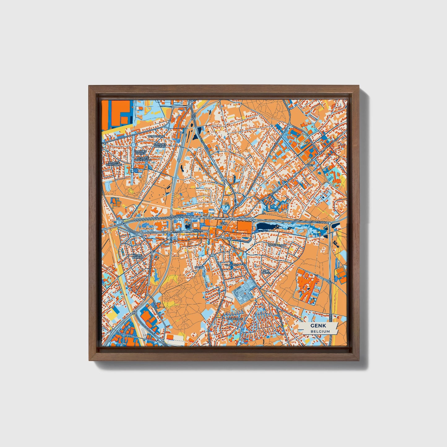 Genk Belgium Colorful City Map Canvas Print • Dark Wooden Framed