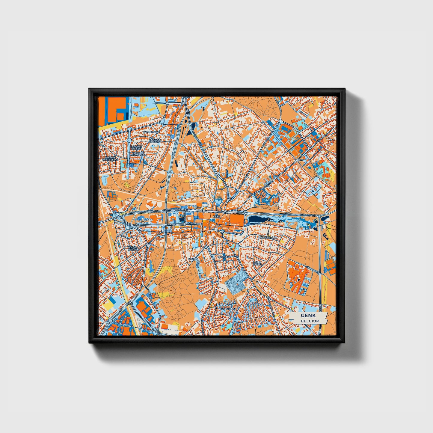 Genk Belgium Colorful City Map Canvas Print • Black Framed