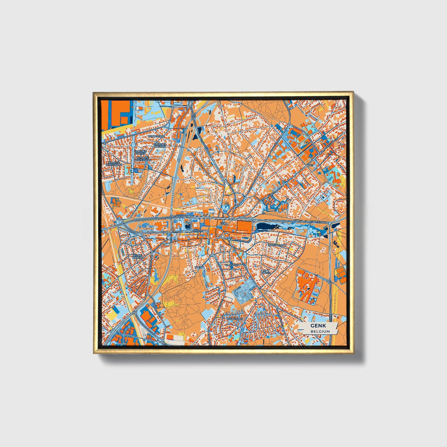 Genk Belgium Colorful City Map Canvas Print • Gold Framed