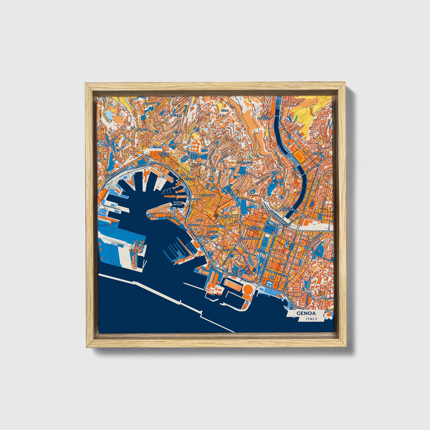 Genova  Italy Colorful City Map Canvas Print • Natural Wooden Framed