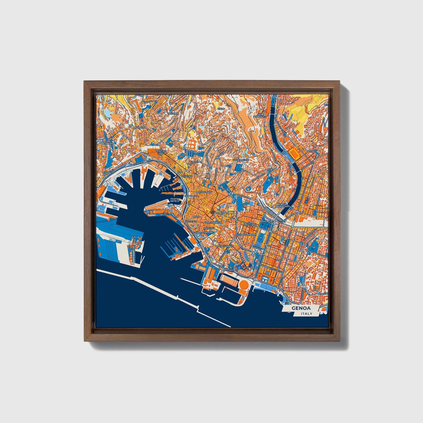 Genova  Italy Colorful City Map Canvas Print • Dark Wooden Framed