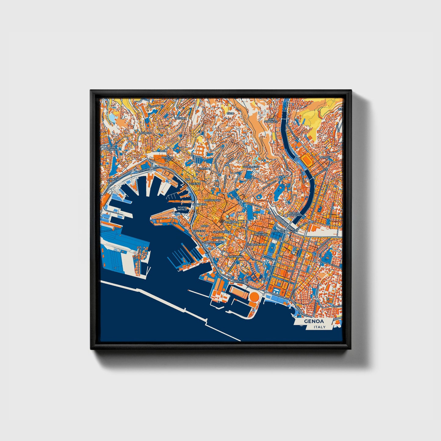 Genova  Italy Colorful City Map Canvas Print • Black Framed