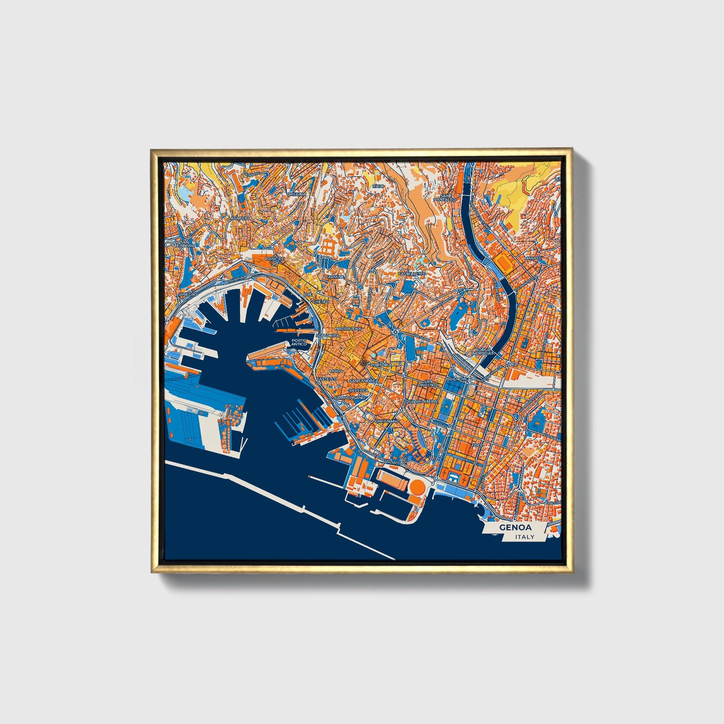 Genova  Italy Colorful City Map Canvas Print • Gold Framed