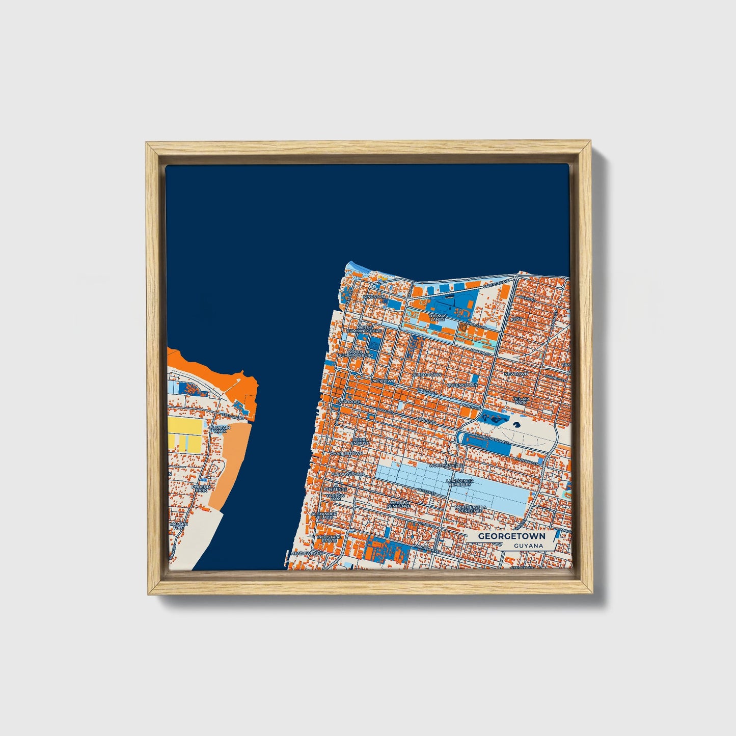 Georgetown Guyana Colorful City Map Canvas Print • Natural Wooden Framed