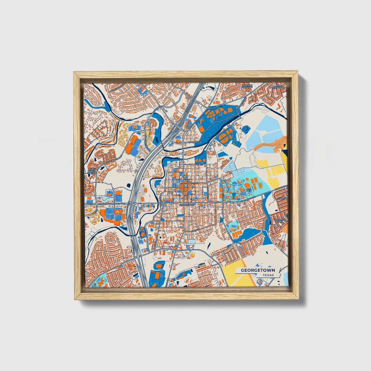 Georgetown Texas Colorful City Map Canvas Print • Natural Wooden Framed