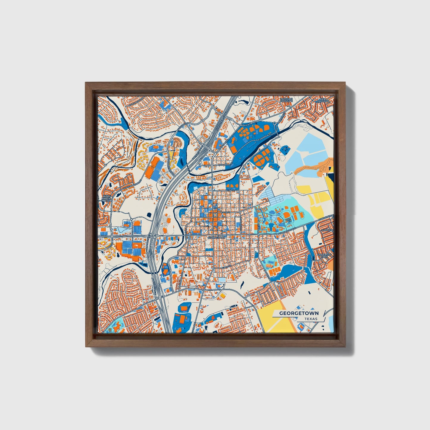 Georgetown Texas Colorful City Map Canvas Print • Dark Wooden Framed
