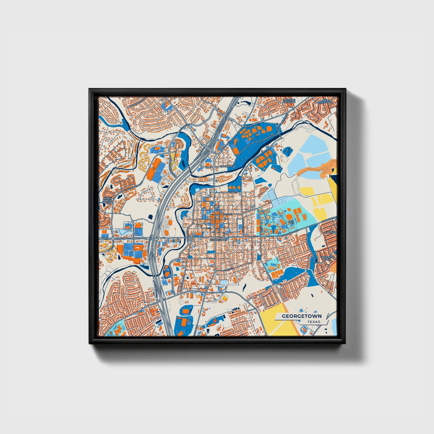 Georgetown Texas Colorful City Map Canvas Print • Black Framed