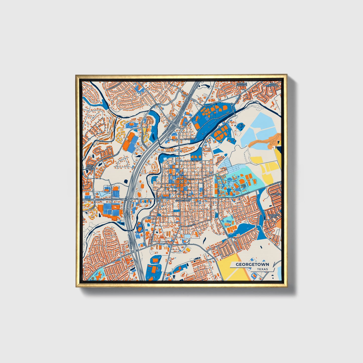 Georgetown Texas Colorful City Map Canvas Print • Gold Framed