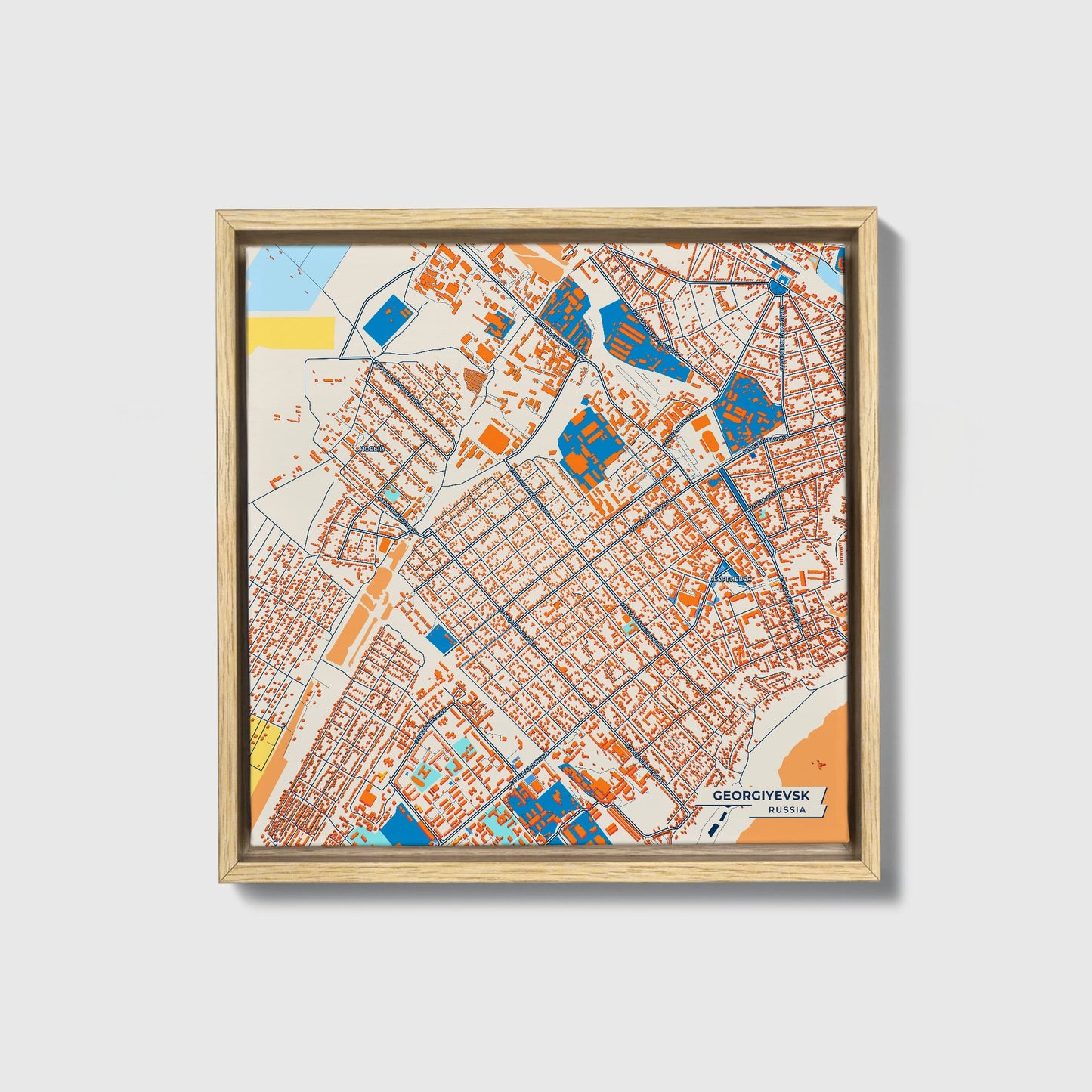Георгиевск Russia Colorful City Map Canvas Print • Natural Wooden Framed