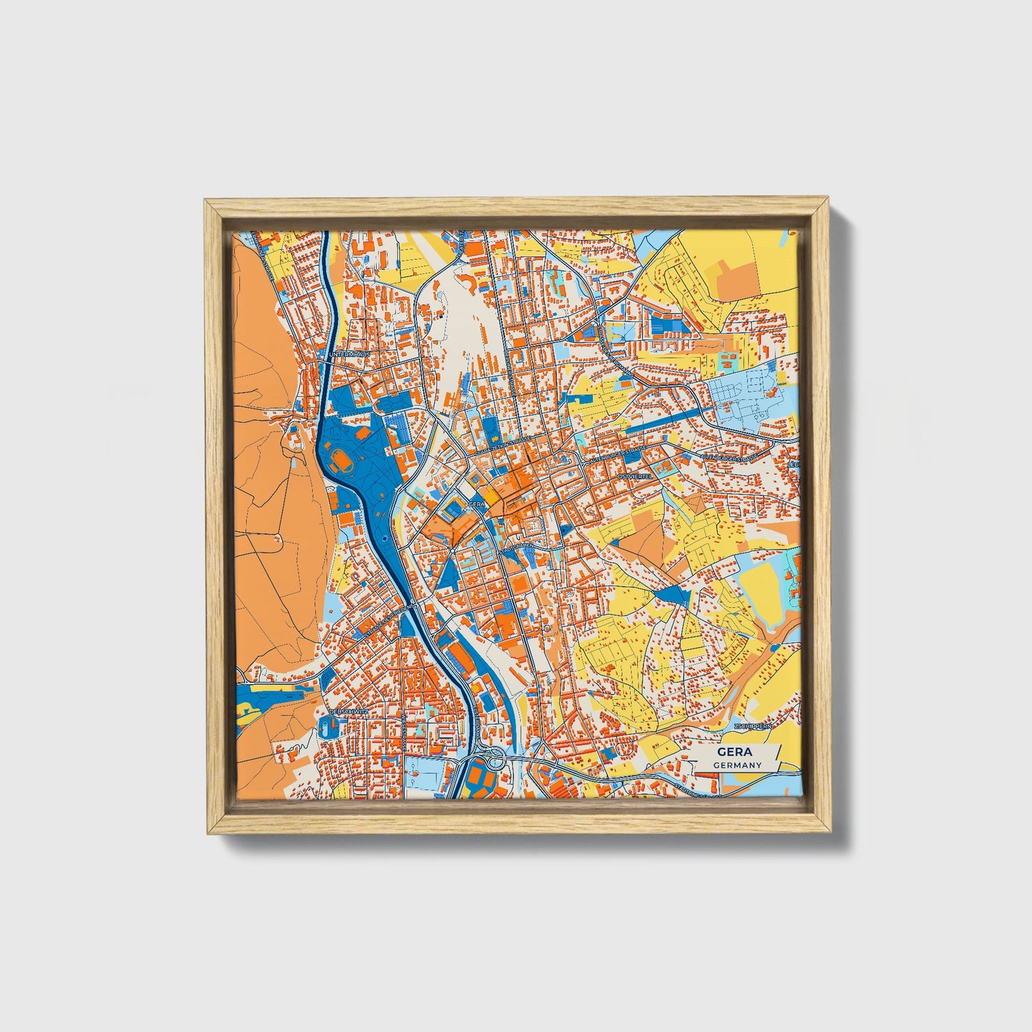 Gera Germany Colorful City Map Canvas Print • Natural Wooden Framed