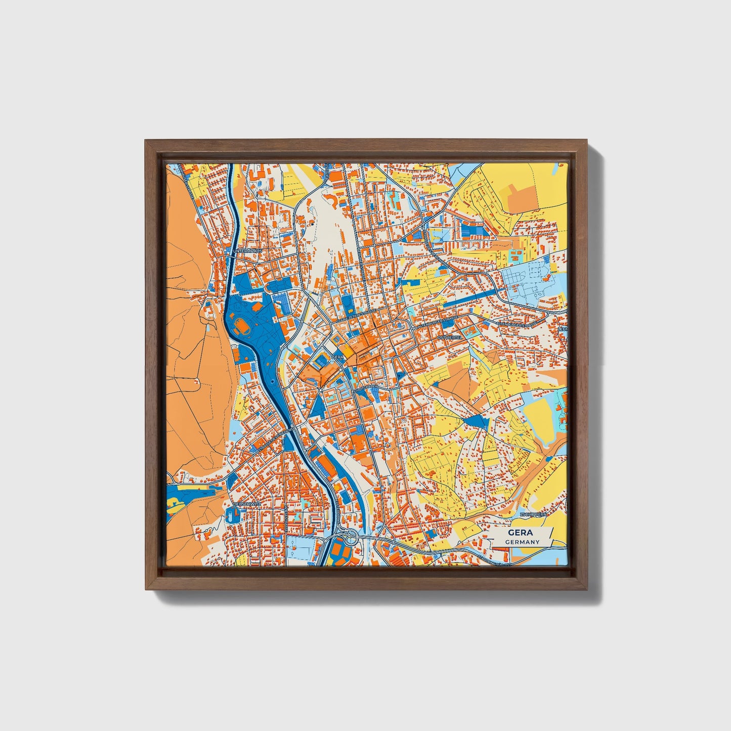 Gera Germany Colorful City Map Canvas Print • Dark Wooden Framed