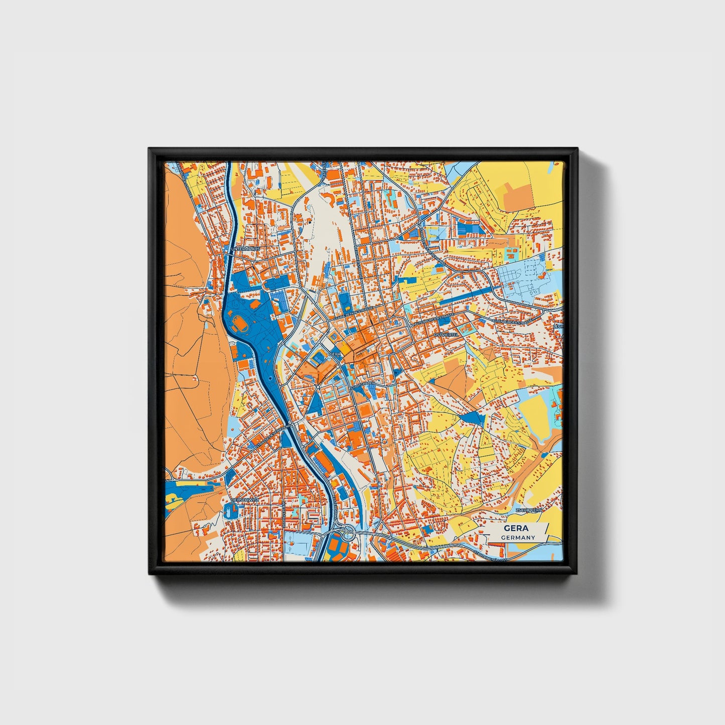 Gera Germany Colorful City Map Canvas Print • Black Framed