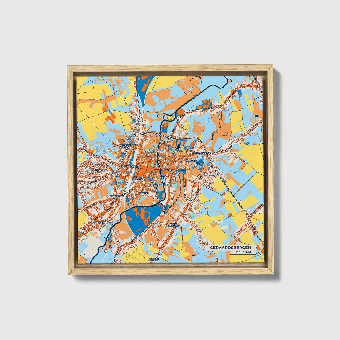Geraardsbergen  Belgium Colorful City Map Canvas Print • Natural Wooden Framed