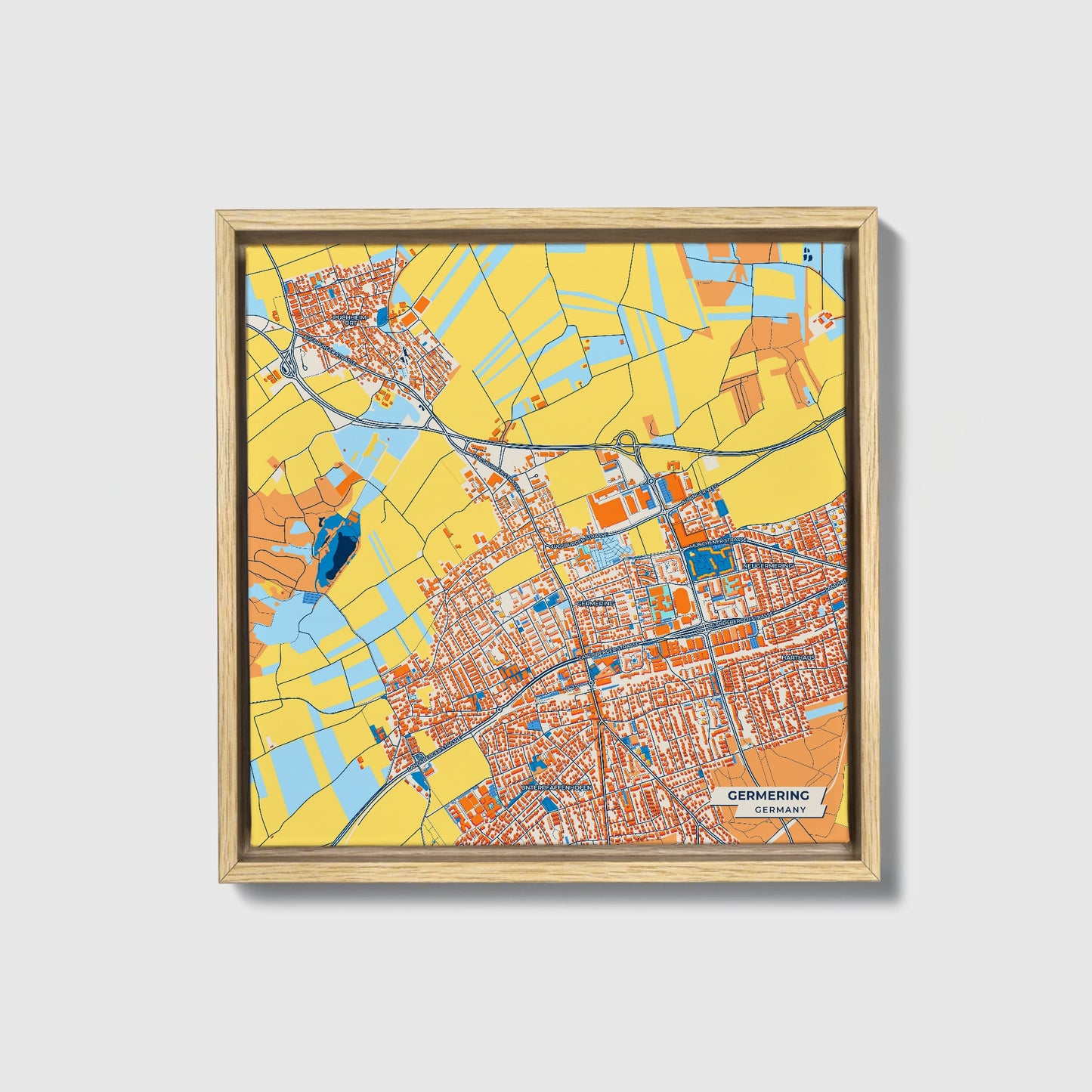 Germering Germany Colorful City Map Canvas Print • Natural Wooden Framed
