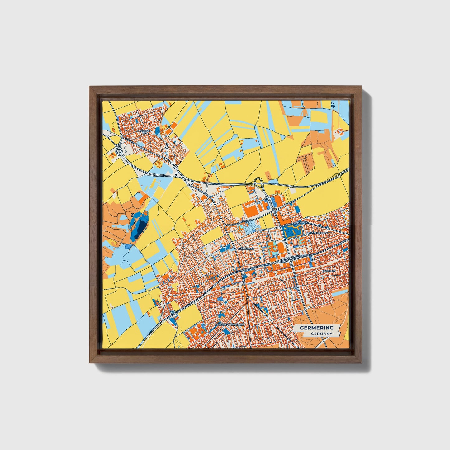 Germering Germany Colorful City Map Canvas Print • Dark Wooden Framed