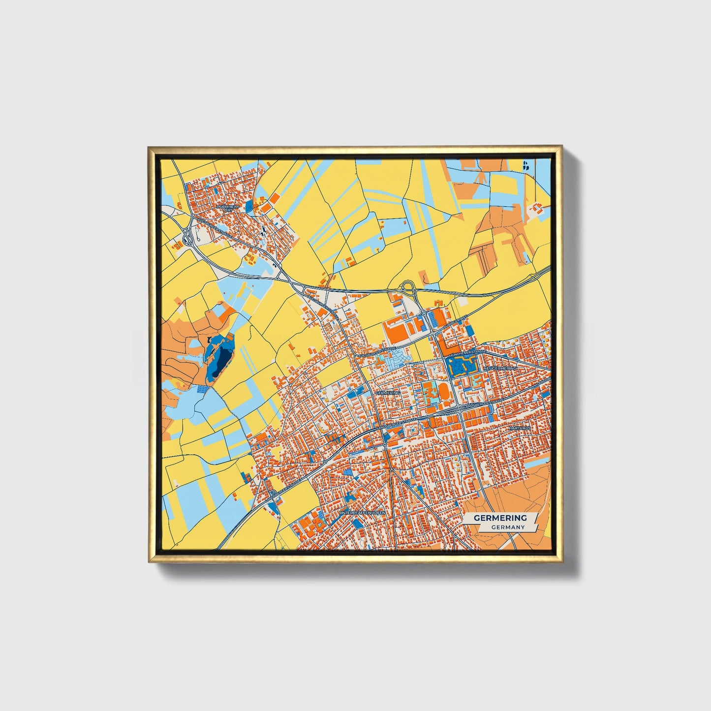 Germering Germany Colorful City Map Canvas Print • Gold Framed