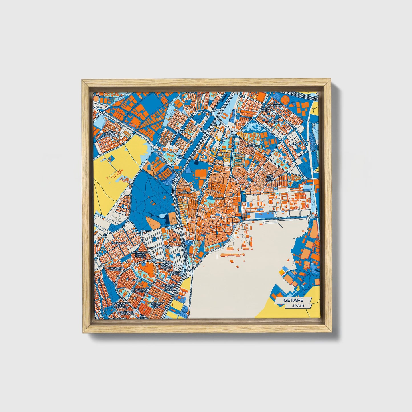 Getafe Spain Colorful City Map Canvas Print • Natural Wooden Framed