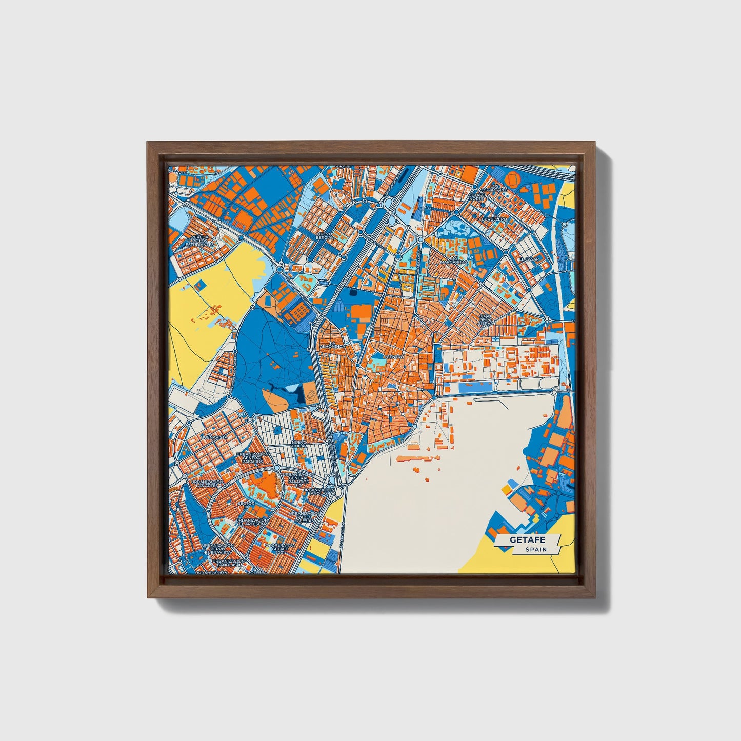 Getafe Spain Colorful City Map Canvas Print • Dark Wooden Framed